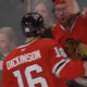 Jason Dickinson #16, of the Chicago Blackhawks celebrates after scoring the first goal of the game against the Anaheim Ducks on Nov. 19, 2024.